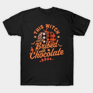 This Witch Can Be Bribed With Chocolate Halloween Fall Plaid T-Shirt